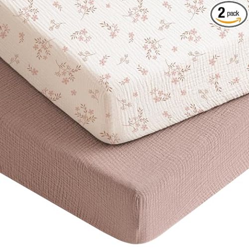 Konssy Muslin Crib Sheets for Boys, Soft Cotton Neutral Baby Sheets for Standard Crib Mattress 2 Pack, 52"x28" (Soft Blooms,Taupe)