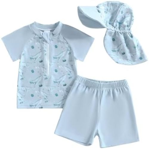 DuAnyozu Baby Boys Swimsuit Long Sleeve Rash Guard Swimwear Baby Boy Swim Trunk with Hat Set 3-Piece Toddler Bathing Suit
