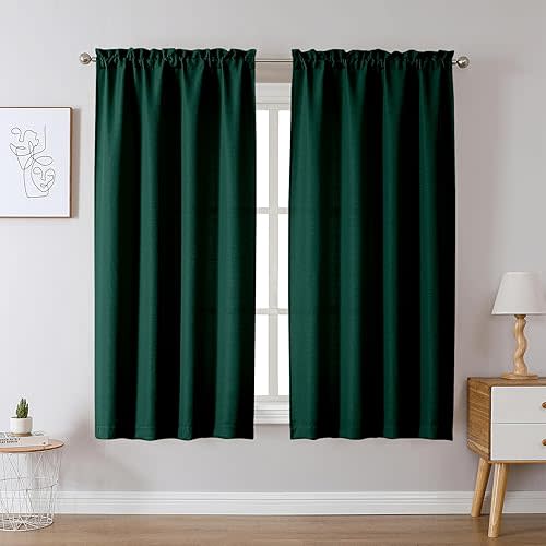 Chyhomenyc Christmas Hunter Green Curtains 63 Inch Length 2 Panels, Faux Linen Textured Light Filtering Soft Airy Rod Pocket Window Treatment Drapes for Living Room Bedroom, 40Wx63L Inch, Set of 2