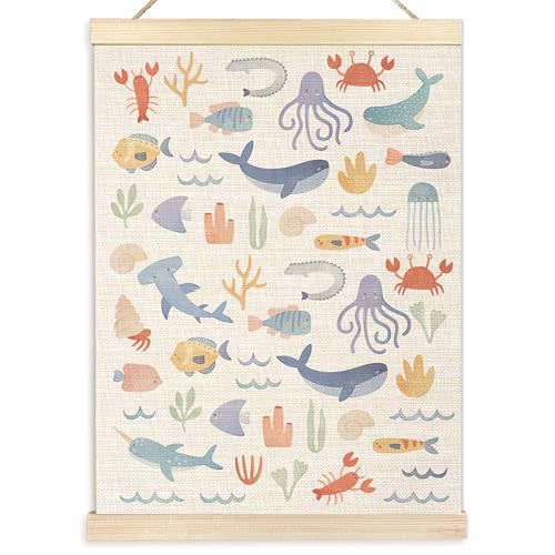 Ecezatik Ocean Nursery Decor, Danish Pastel Animals Poster Hanger Frame, Coastal Sea Wall Art for Classroom Kids Room Playroom, Under the Sea Decor, 12x16 Inches