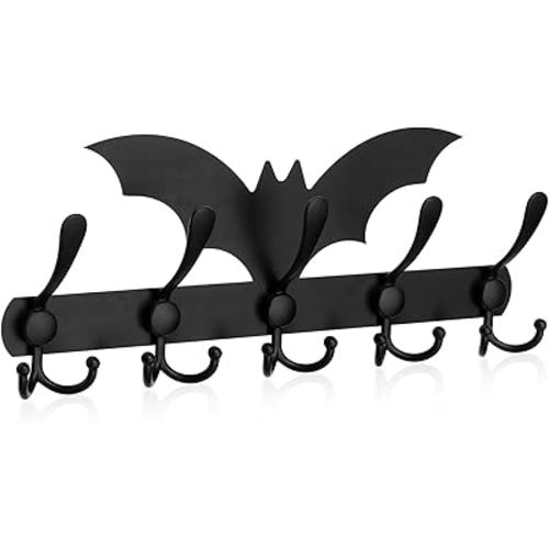 Shimeyao Bat Coat Rack Wall Mount Halloween Gothic Home Decor Goth Wall Hook for Key Heavy Duty 5 Tri Coat Hooks Spooky Black Metal Key Holder for Mudroom Entryway Hat Jacket Bag Towel Hanger Bat Gift