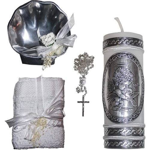 Catholic Baptism Kit with Towel, Candle, Rosary and Metal Shell for Boys and Girls. Handmade in Mexico for Catholic Gift and Godparents. Holy Spirit Baptism Candle Set. Kit de Bautizo