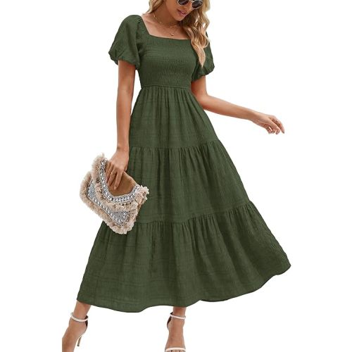 PRETTYGARDEN Womens Summer Puff Short Sleeve Maxi Dress Square Neck Smocked Tiered Ruffle A Line Long Flowy Beach Dresses