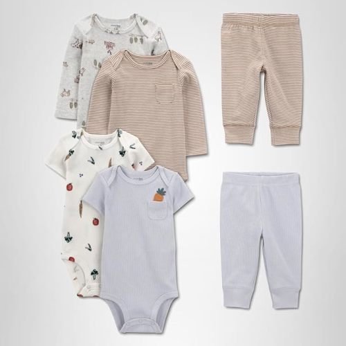 Simple Joys by Carter's Neutral 6-piece Bodysuits (Short and Long Sleeve) and Pants Set, Blue Veggie, 3-6M