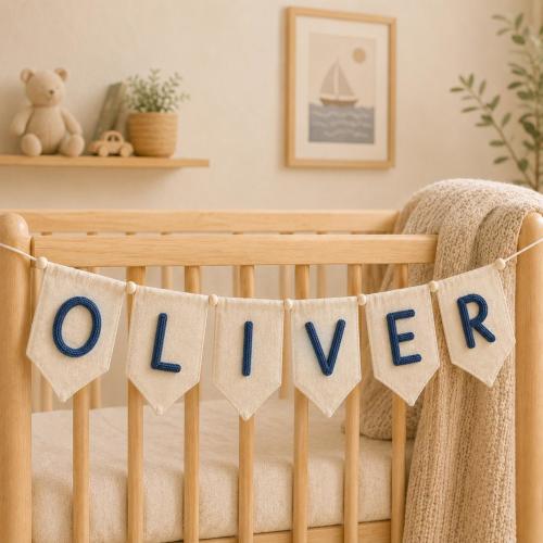 Custom Baby Name Canvas Banner, Personalized Nursery Wall Decor, Handmade Kids Room Bunting Sign, Baby Shower Gift