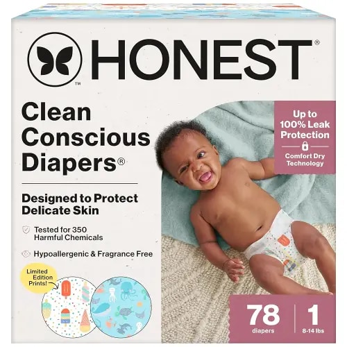 The Honest Company Clean Conscious Diapers for Sensitive Skin | Up to 100% Leakproof | Hypoallergenic, Fragrance Free | Summer '25 Limited Edition Prints | Club Box, Size 1 (8-14 lbs), 78 Count