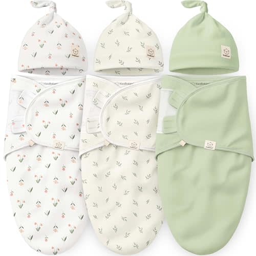 KeaBabies 3-Pack Organic Swaddles for Newborns Girls, Boys with Hats - Soft Cotton Baby Sleep Sacks 0-3 Months, Breathable Baby Hats and Swaddles 0-3 Months, Newborn Essentials Must Haves (Fleur)