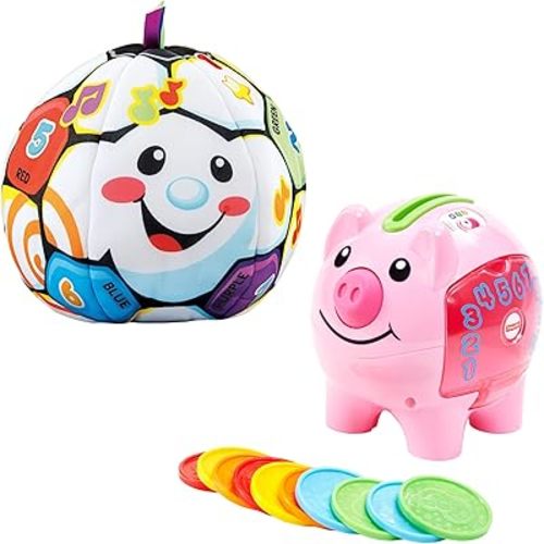 Fisher-Price Learning Toy Bundle with Laugh & Learn Smart Stages Piggy Bank and Singin’ Soccer Ball for Infants and Toddlers