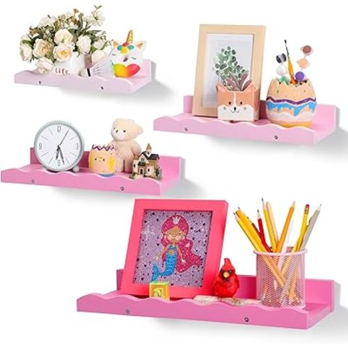 Suzile Set of 4 Floating Nursery Book Shelves for Wall Wood Floating Bookshelves Picture Small Ledge Shelf for Wall Boys Girls Teen Room Bathroom Bedroom Decor Storage(Pink)