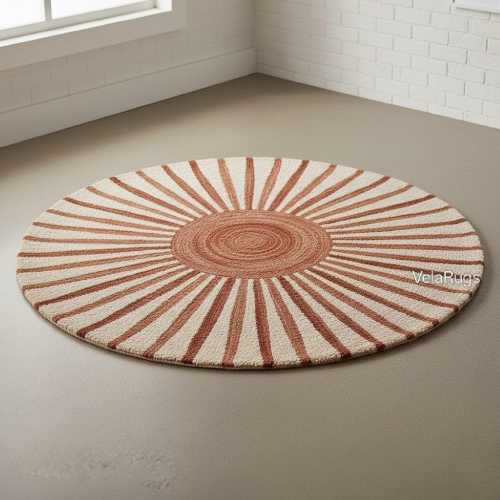 Handtufted Round Wool Rug Terracotta Sunburst, Boho Earthy Minimalist Custom Carpet