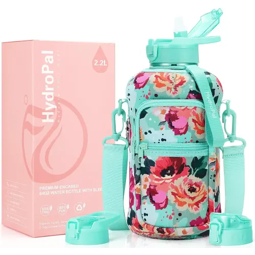 Half Gallon Water Bottle with Storage Sleeve, 74oz Large Water Bottle with 2 Lids(Straw Lid and Chug Lid), Big Sports Water Jug for Gym with Strap, BPA-Free Drink Container with Handle