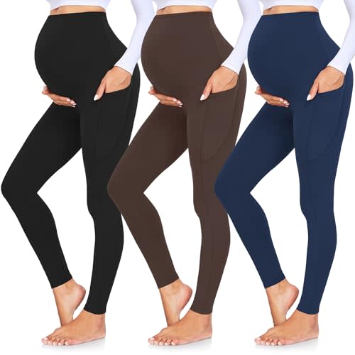 GROTEEN 3 Pack Women's Maternity Leggings with Pockets Over The Belly Workout Yoga Pregnancy Pants