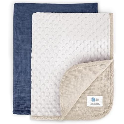 lulumoon Baby Blankets for Boys Newborn: Muslin & Minky Dotted Backing - Thermal Receiving Blanket for Stroller & Registry Gift 2Pack 30"x40"(IvoryBlue)