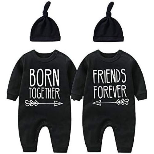 YSCULBUTOL Baby Twins Bodysuit Born Together Friends Forever Newborn Clothes Unisex Twin Outfits With Hat