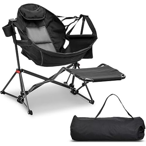 GDY Camping Chairs, Oversized Hammock, Folding Rocking Chairs, Adjustable Back Swing Chairs, Cup Holder, Outdoor Beach Lawn, Black