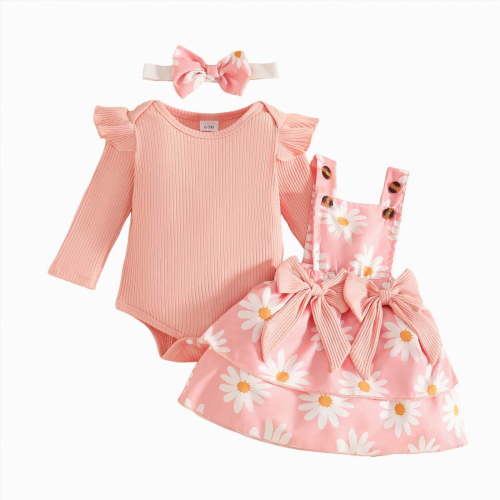 CAICJ98 Newborn Baby Girl Clothes Fall Winter Overall Dress Outfits Long Sleeve Ribbed Romper Top Infant Skirt Set (Red,12-18 Months)