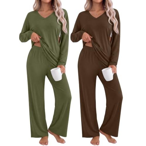 Locoowai 2 Pack Maternity Nursing Lounge Sets 2 Piece Outfits | Women Postpartum Breastfeeding Shirts, Long Sleeve Hidden Zipper Tops, Comfy Pregnancy Pajamas Set, Pjs Gifts for Mothers