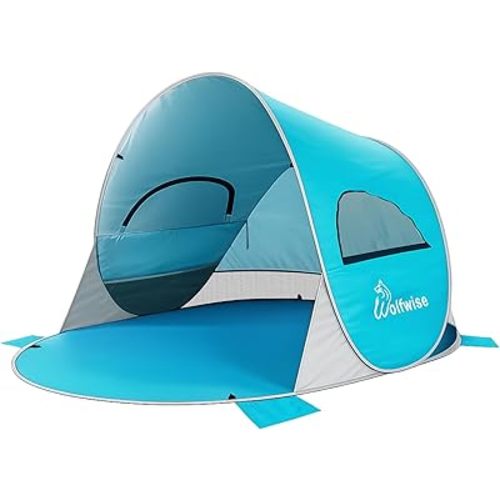 Wolfwise Pop up Beach Tent Sun Shelter with UPF50+ UV Protection, Instant Easy Setup Popup Beach Shade Canopy for 3 Person, Portable & Foldable with Carring Bag, 87 ×57×47 in, Blue
