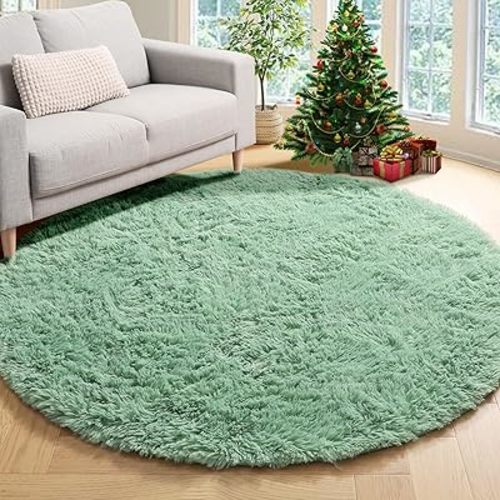 ONASAR Sage Green Round Area Rug 4ft Circle for Bedroom Living Room Baby Nursery Playroom, Furry Plush Shaggy