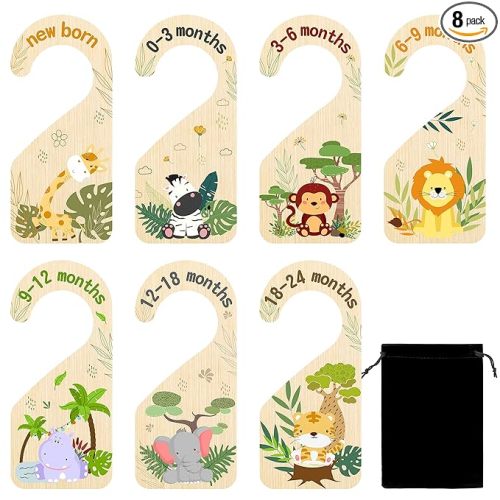R HORSE 8Pcs Safari Baby Closet Dividers, Double Sided Nursery Hanger Dividers Wood Baby Closet Size Organizers for Boy Girl Birthday Christmas Gift (0-24 Months)