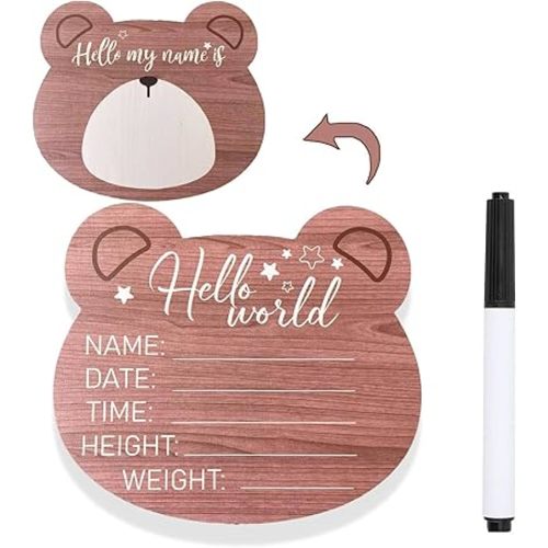 Butterfly Baby Announcement Sign, 5.9x5.3 Inch Wooden Hello World Newborn Signs, Birth Announcement Sign, Adorable Bear Decoration, Welcome Newborn Arrival to World, Hospital Nursery for Baby