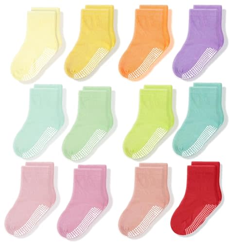 CozyWay Baby & Toddler Socks With Grippers Non Slip Crew Grip Socks for Girls and Boys Soft Comfy Cotton - 12 Pack
