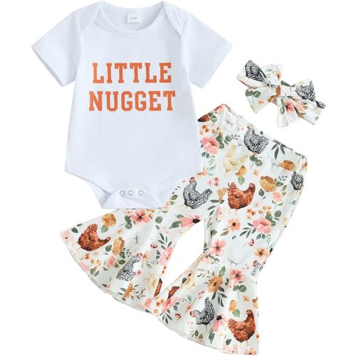Karuedoo Newborn Baby Girl Farm Outfits Letter Print Short Sleeve Romper Chicken Flared Pants Headband 3Pcs Outfits Sets