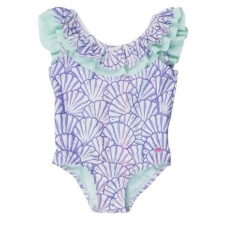 RuffleButts Baby Girls UPF50+ Scoopback Ruffle One Piece - Magical Mermaid, 12-18m