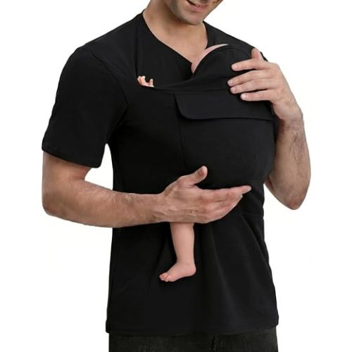 Mens Skin to Skin Dad Shirt Short Sleeve Baby Newborn Pouch with Pocket | Baby Carrier Shirt Dad Baby Newborn Pouch New Dad Gifts