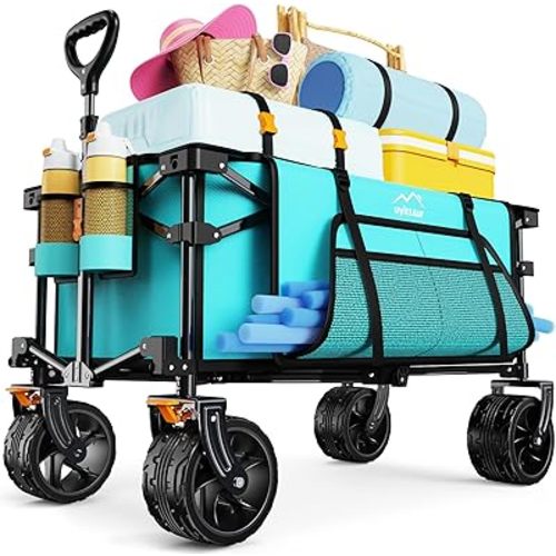 Uyittour Collapsible Wagon Cart Heavy Duty Foldable, Folding Beach Wagon with Big Wheels for Sand, Utility Grocery Cart with Side Pocket and Brakes for Sports Outdoor Activities, Light Blue