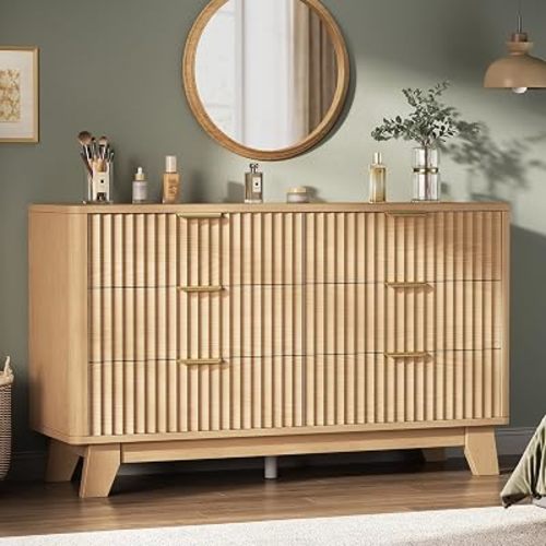 Jocoevol Fluted 6 Drawer Dresser for Bedroom, Modern Chest of Drawers with Metal Handle, Wooden TV Stand with Curved Profile Design, Closet Clothes Storage Organizer for Living Room/Hallway (Natural)