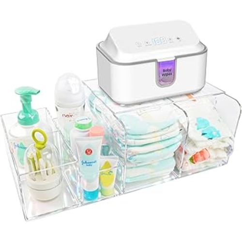 Diaper Caddy Acrylic, Baby Changing Table Organizer, Dresser Tabletop Organizer with 4 Detachable Compartments, Storage for Wipe Dispenser, Anti-slip Rubber Feet, Newborn Baby Essentials, Transparent