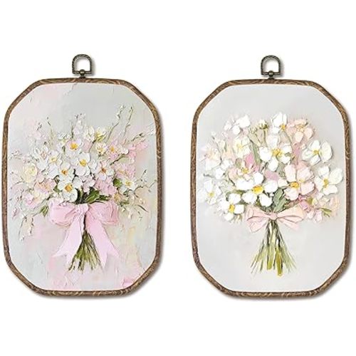 Hxlac Vintage Pink Bow Floral Bouquet Rectangular Wall Art Framed Set of 2, White Floral Rectangular Wall Decor, Spring Flower Hanging Canvas Prints Wall Sculptures for Bedroom Decor, 7.1x10.2 Inch