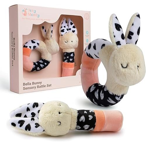 Bella Bunny Baby Rattle Toys - Rattles for Babies 0-6 Months High Contrast Baby Toys for Newborn Gifts - Ultra-Soft Sensory Toy Stick and Circle Baby Rattles 0-6 Months (2-Pack)