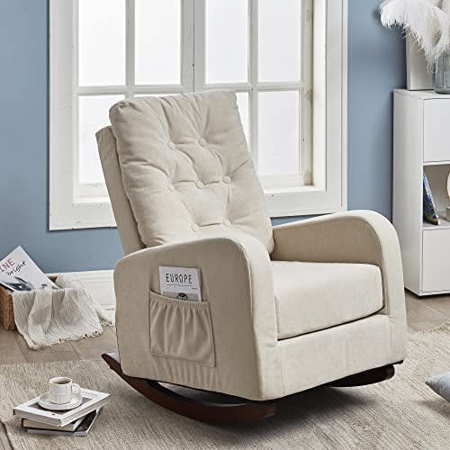 Nursery Rocking Chair, Upholstered Nursery Glider Rocker with Solid Wood Base and Side Pocket, Comfy High Back Armchair Single Sofa Chair for Living Room, Bedroom, Office, Beige