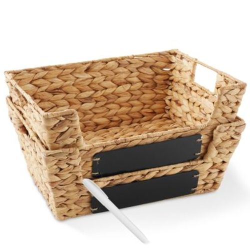 Casafield (Set of 2) Water Hyacinth Seagrass Pantry Baskets with Handles and Chalkboard Labels, Wide Woven Storage Baskets for Kitchen Shelves