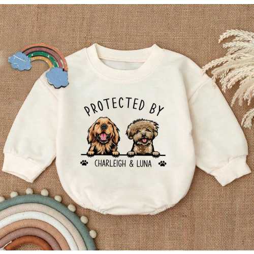 Custom Pet Portrait Protected By Baby Romper, Personalized Baby with Name, Custom Puppy Romper for Boys and Girls, Baby Pet Lover Outfit