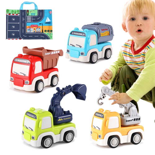 Lictin Pull Back Cars for Toddlers, Friction Powered Cars with Playmat/Storage Bag, Push and Go Toys Car Construction Vehicles Toy Set for Baby Kids Gift Ages 1 2 3
