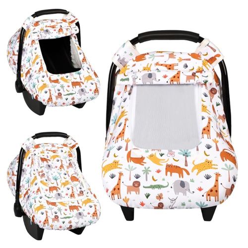 Car Seat Cover Baby, HNHUAMING Infant Car Seat Covers Canopy for Baby Girl Boy, Cozy & Windproof Newborn Carseat Covers Minky Dot Backing Stroller Cover with Breathable Mesh Window, Animals
