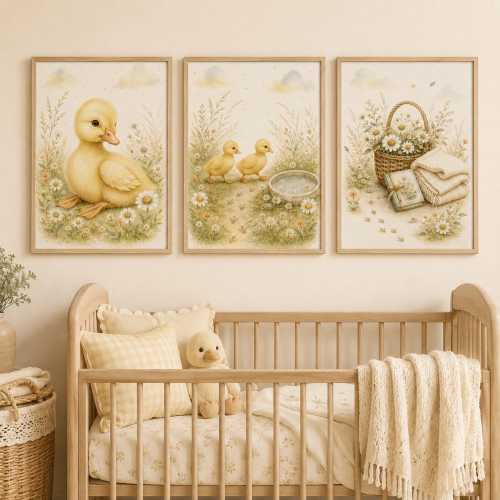 Duckling Meadow Watercolor Nursery Art Set, Daisy Baby Posters (3 Prints)