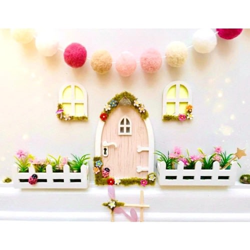 Pink Fairy Door Set with Glowing Windows, Mailbox, Bench | Fairy Bedroom Wall Decor