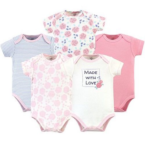 Touched by Nature Baby Girl Organic Cotton Bodysuits 5pk, Pink Rose, 6-9 Months