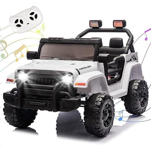 Ride on Truck Car, 12V Kids' Electric Vehicles W/Parents Control, Ride on Toys for Toddlers with Music, Bluetooth, Four-Wheels Suspension, USB, Headlights, White