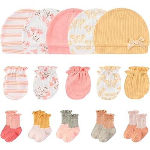 MAMIMAKA Newborn Baby Boy Girl Caps Mittens Socks Set Cotton Baby Essentials Accessories (Hats+Gloves+Socks)