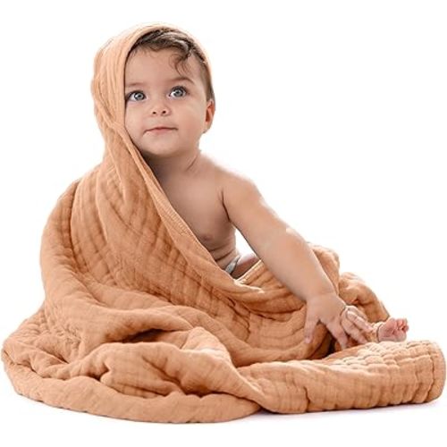 Comfy Cubs Baby Hooded 9 Layer Muslin Cotton Towel for Kids, Large 32” x 32”, Ultra Soft, Warm, and Absorbent. Baby Essentials Bath Towels, Cute Unisex Cover for Girls and Boys (Pack of 1, Caramel)