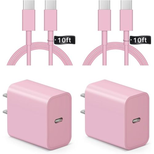 iPhone 17 16 15 Charger Fast Charging 10FT - 2 Pack 20W USB C Charger Block with Type C Cable Compatible with iPhone 17/17 Pro/17 Pro Max/Air/16/16e/15, iPad Pro, Air M3/M2/5/4, 11th/10th（Pink）