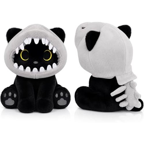 Black Cat Plush in Dinosaur Skeleton Costume - Halloween Stuffed Animal