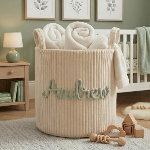Custom Kids Corduroy Laundry Basket, Custom Yarn Name Toy Bin, Nursery Decor Hamper, Baby Shower Gift, Home & Dorm Storage