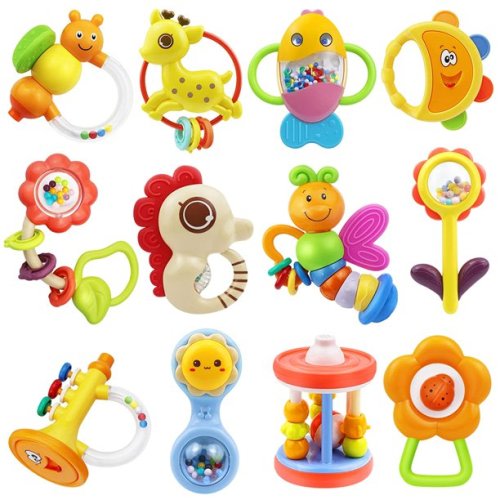MOONTOY 12 Pcs Baby Rattles Teething Toys Set for Newborns, Sensory Teether Infant Grab N Shake Rattle, Musical Toy Set for 0-12 Months Babies Boys Girls
