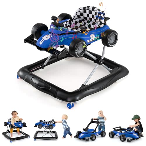 BABY JOY 4-in-1 Baby Walker, Foldable Activity Walker with Push Mode, Adjustable Height, Lights, Anti-Rollover, Baby Walker with Wheels for Boys Girls 6-18 Months (Blue)